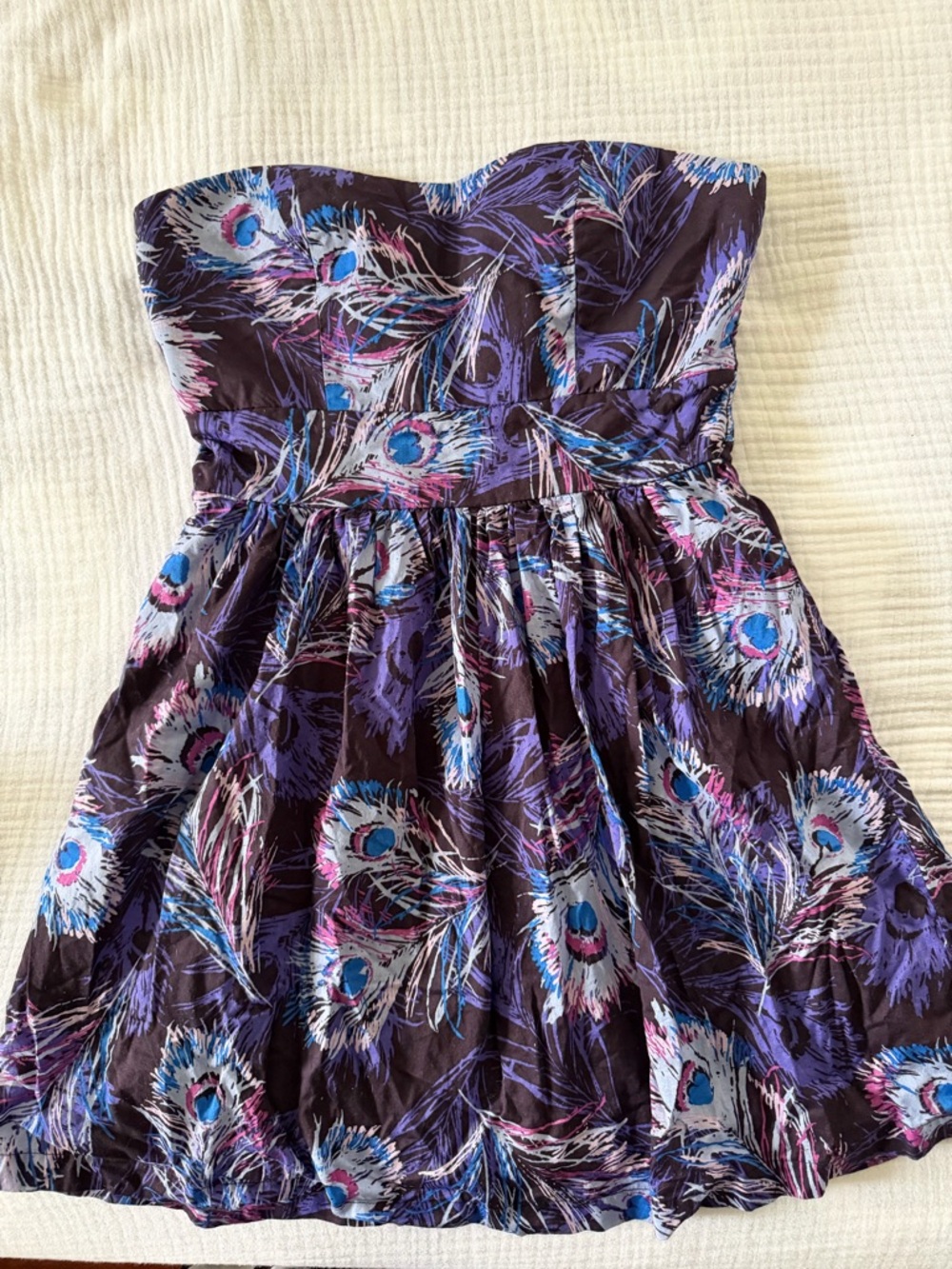 Forever 21 Girls' Strapless Peacock Feather Print Dress in Purple and Blue